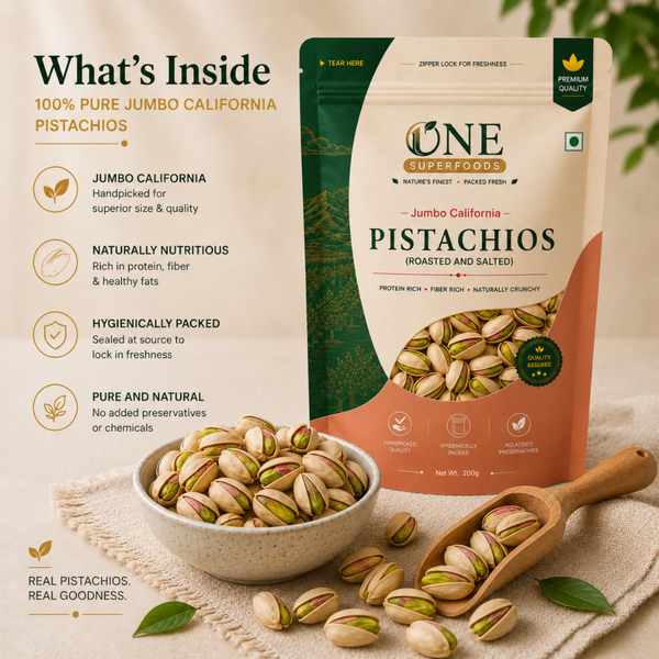 One Superfoods Jumbo California Pistachios (Pista) | Roasted & Salted | Rich in Protein & Fibre